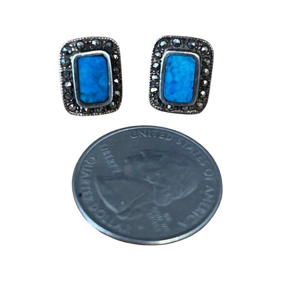 Sterling Silver Blue Turquoise Marcasite Post Earrings, Vintage Turquoise Studs - Picture 3 of 8